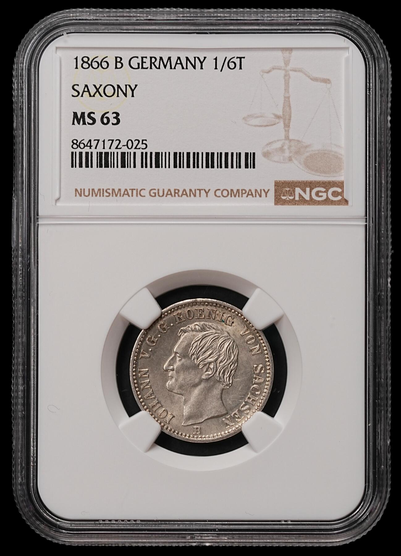 修遠堂世界钱币第108期 NGC MS63 1866年萨克森1/6泰勒银币