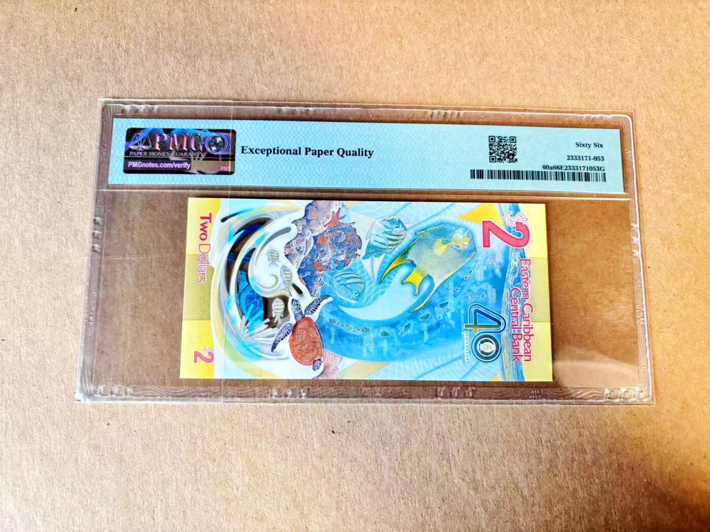 【Blue Auction】世界纸币精拍第797期——18级TOP拍卖/信誉/品质/专业/高效💫 【AA无47 获奖钞】东加勒比 2023年2元 PMG66EPQ 