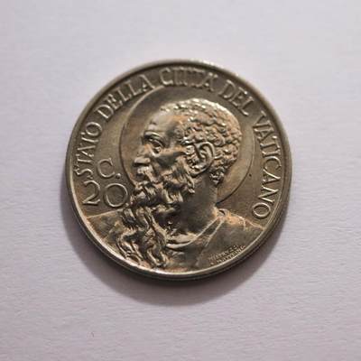 观钱 近现代机制币拍卖No.005（全场顺丰包邮，不区分偏远地区）  - 梵蒂冈 1936 年庇护十一世 圣徒主题20 分镍币  长髯圣徒（常被认为是圣保罗或圣伊格纳修斯）左侧面高浮雕肖像，发丝与胡须纹理细腻，身后带有光环，神态庄严。