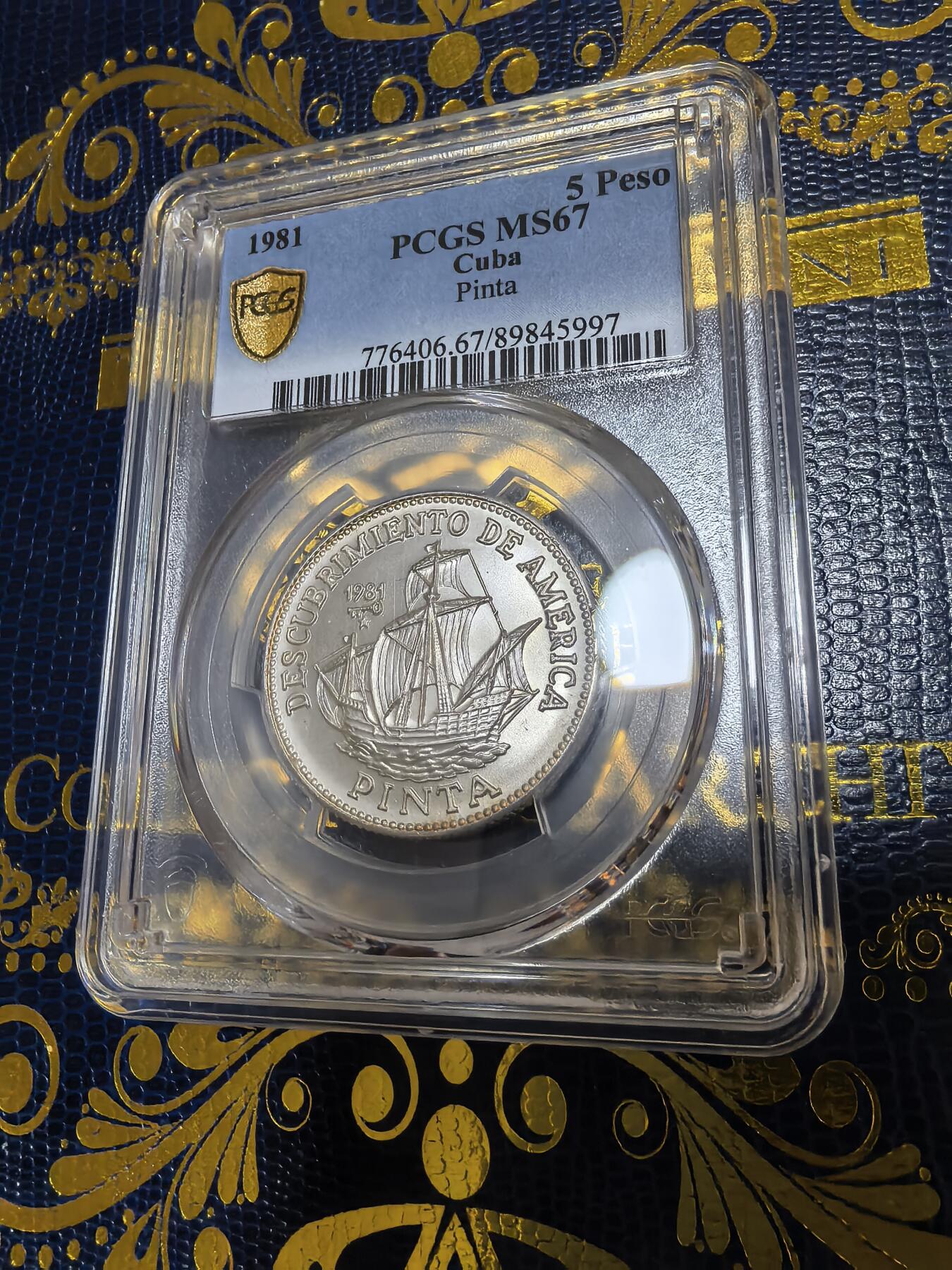 长老汇马年精选第十二场拍卖 1981古巴哥伦布发现美洲之品塔号帆船5比索银币，PCGS MS67，冠军，1万枚