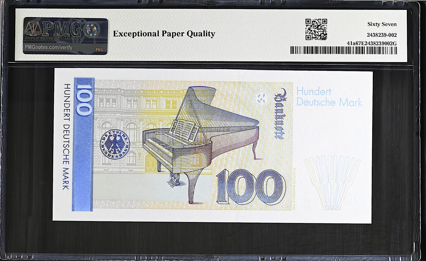 《艾美收藏》第237期-3.22周日外币强钞白金场 德国100马克 PMG67E 1989年a版 克拉拉 长号码无47