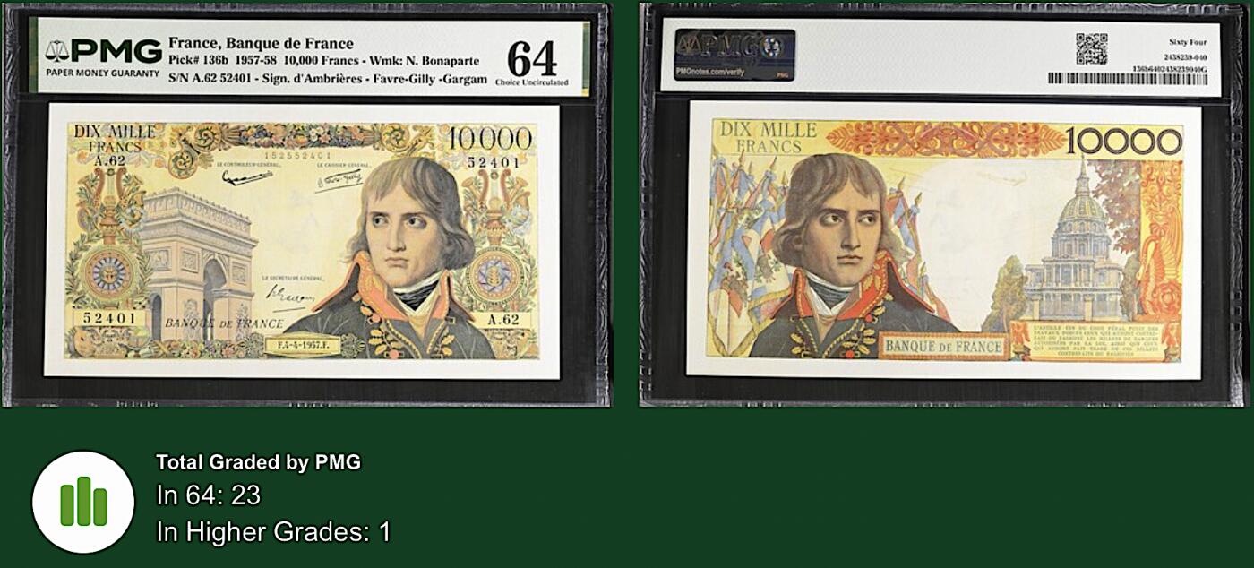 《艾美收藏》第237期-3.22周日外币强钞白金场 法国10000法郎 PMG64 1957年 法兰西皇帝拿破仑 稀少改值前版本 更高分仅1张 无背标少见