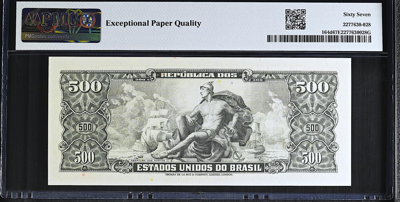 《艾美收藏》第237期-3.22周日外币强钞白金场 巴西500克鲁塞罗 PMG67E 1955年老版本 唯二冠军分