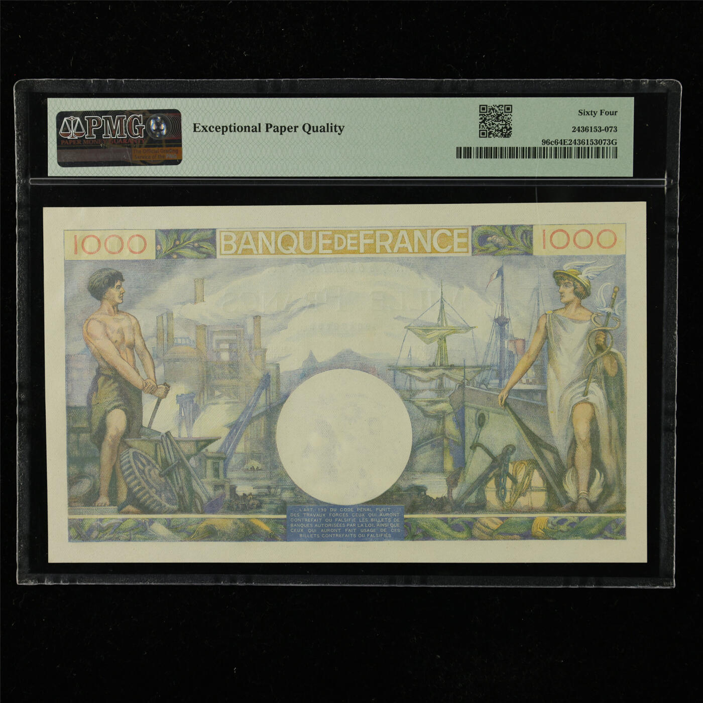 【亘邦集藏】第223期拍卖 1944年 法国1000法郎 PMG 64EPQ D.3620 652
