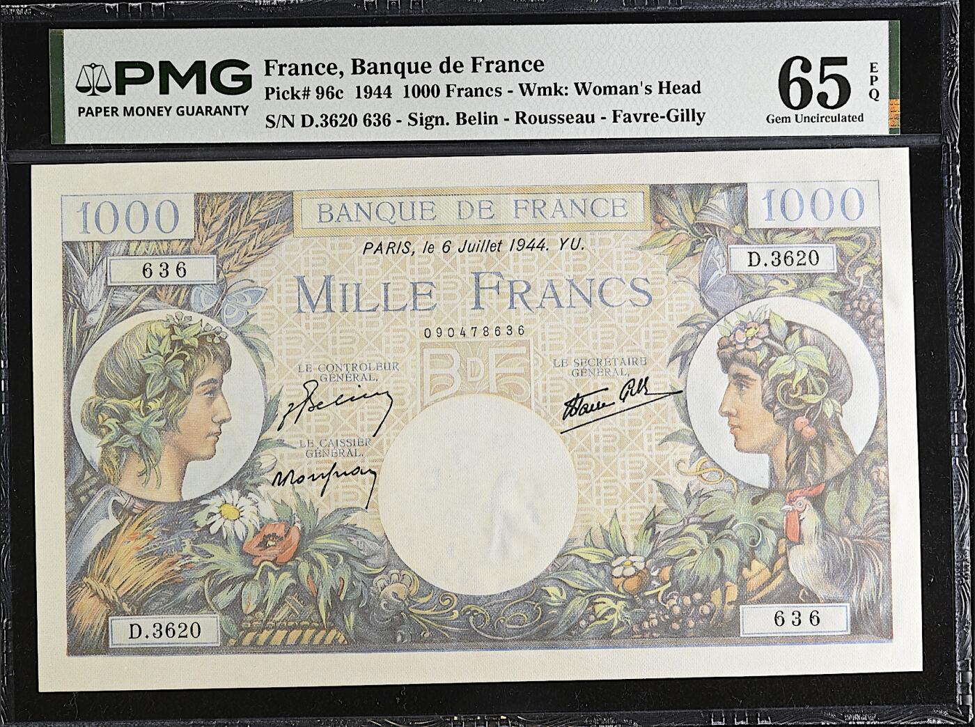 《艾美收藏》第237期-3.22周日外币强钞白金场 法国1000法郎 PMG65E 1944年大票幅
