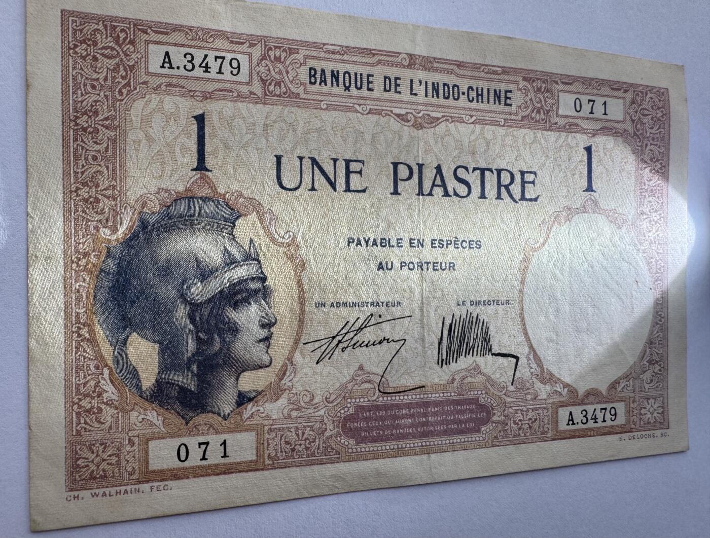 2026第5场（总第232期）：精品测试钞、外钞综合场 法属印度支那/东方汇理银行1921-31年版1元（美品如图、有锈孔）48b/签名2