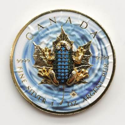 博洋堂世界钱币拍卖第165期（全场包邮） - 加拿大2019年5元普制镶宝石彩色银币 青蛙-枫叶 1盎司9999银 发行量：500 盒证全