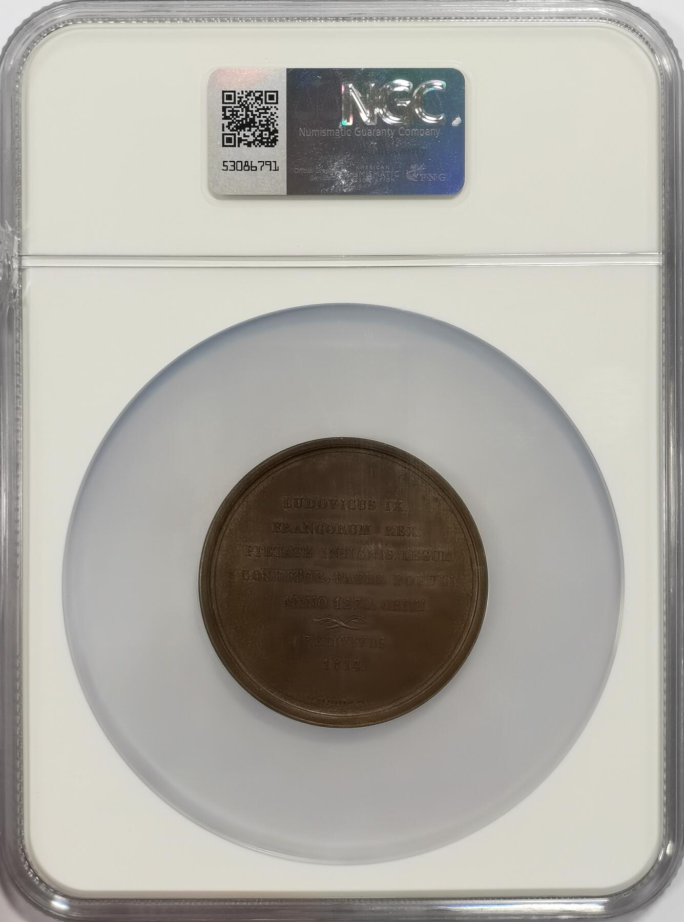 博洋堂世界钱币拍卖第165期（全场包邮） NGC MS63 法国人物纪念系列，1814年发行的路易9世国王纪念大铜章，原铸品，背面卡槽有一处磕