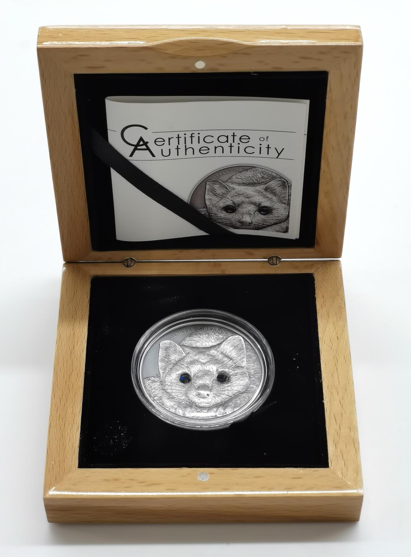 博洋堂世界钱币拍卖第165期（全场包邮） 蒙古2017年500图格里克镶水晶仿古银币 野生动物保护-紫貂 1盎司999银 发行量：2500 盒证全