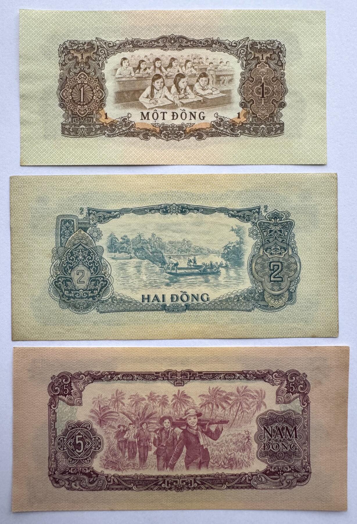 2026第5场（总第232期）：精品测试钞、外钞综合场 中国代印未发行/越南/南越解放民族阵线1963年版1、2、5盾一组三枚AUNC（近全新，有黄斑）
