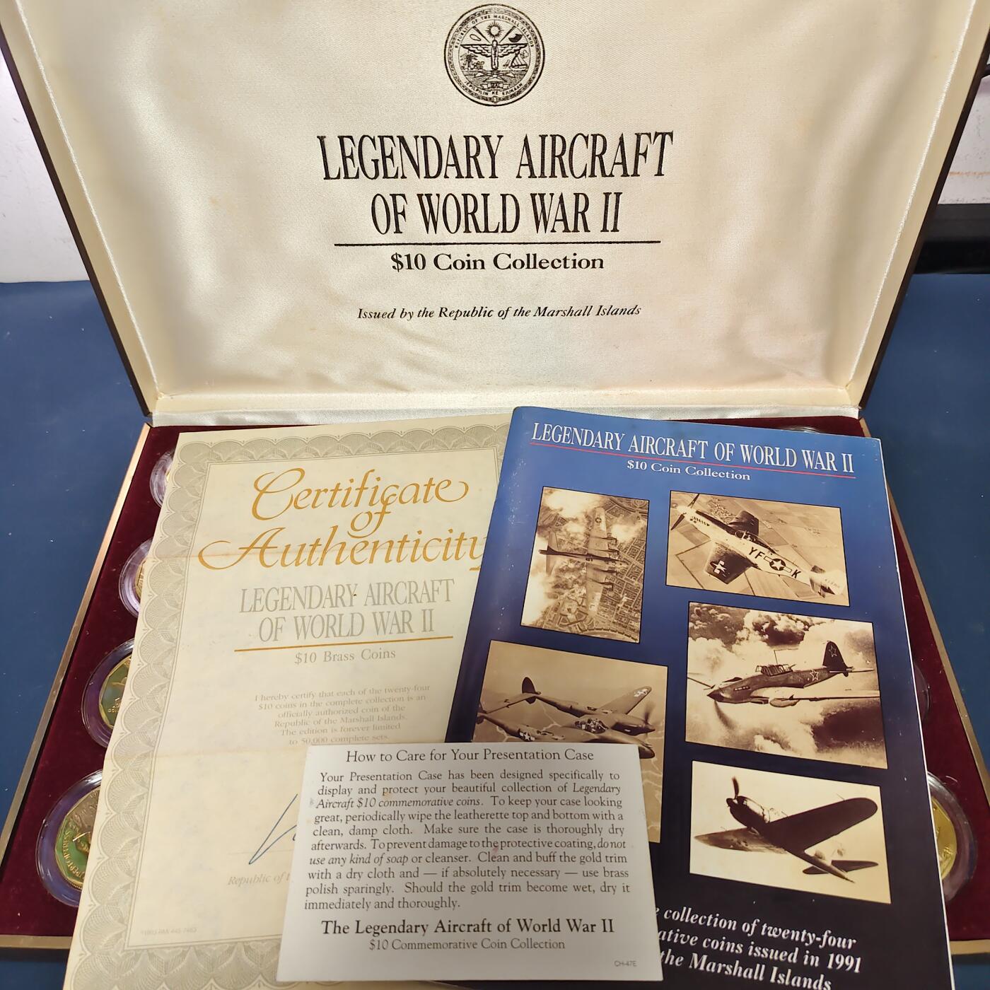 【全场包邮】纯粹捡漏拍515场 马绍尔群岛1991年10元二战传奇战机系列24枚官方盒装精制铜币-盒证全