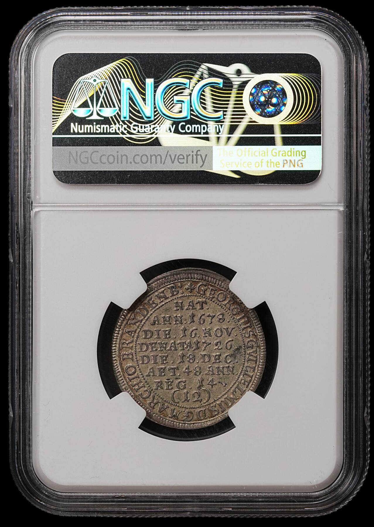 修遠堂世界钱币第108期 NGC AU58 1726年 勃兰登堡 - 拜罗伊特边区伯国-侯爵格奥尔格・威廉（Georg Wilhelm）逝世1/12 泰勒纪念银币