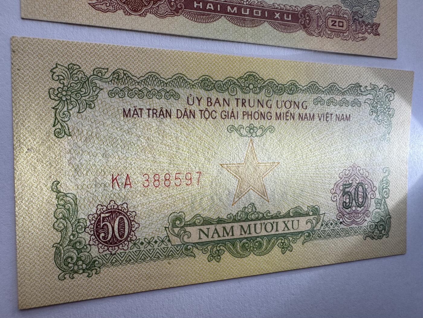 2026第5场（总第232期）：精品测试钞、外钞综合场 中国代印未发行/越南/南越解放民族阵线1963年版20、50仙一对（美品如图）