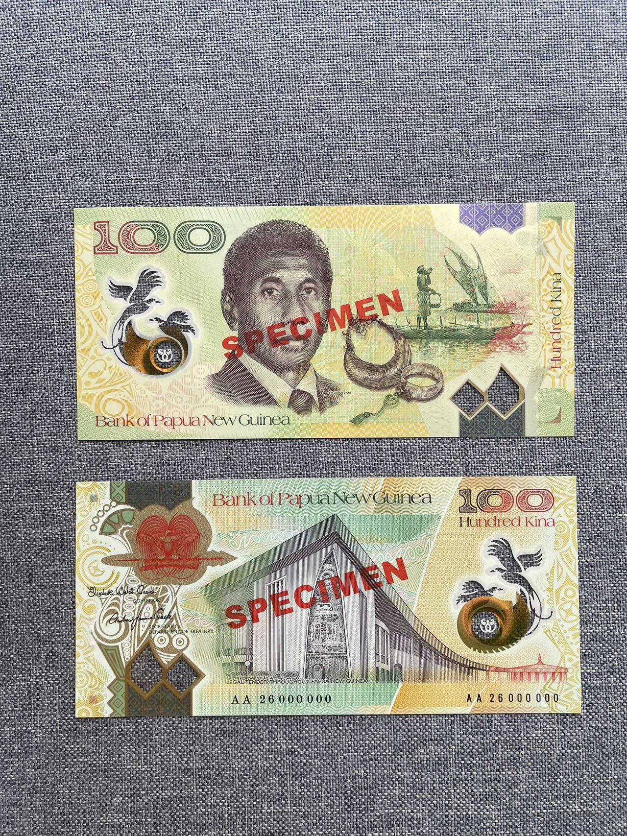 🇵🇬2608¥ ¥巴新2026年100基纳塑料钞，纪念巴新首位华裔总理/国父陈仲民先生，无47（周三发货） 巴布亚新几内亚2026年100基纳，纪念钞，样票，AA26 000000
