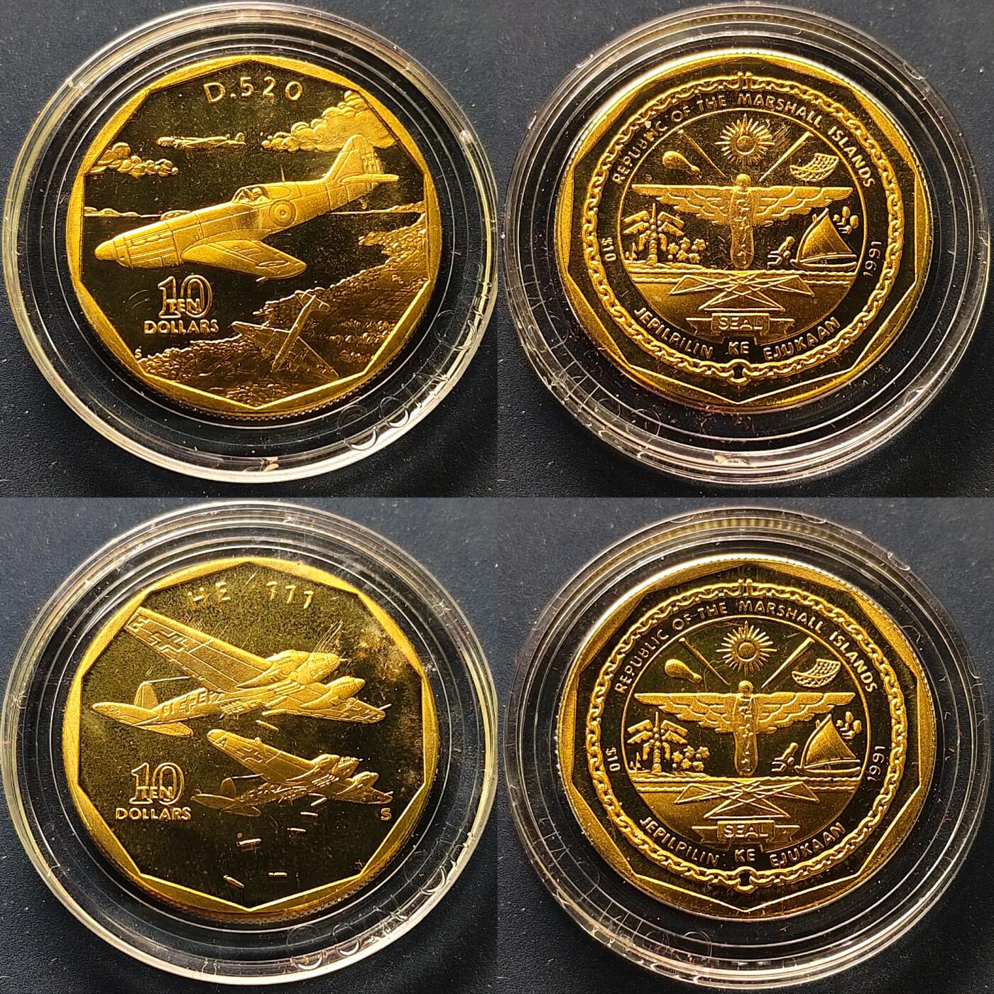 【全场包邮】纯粹捡漏拍515场 马绍尔群岛1991年10元二战传奇战机系列24枚官方盒装精制铜币-盒证全
