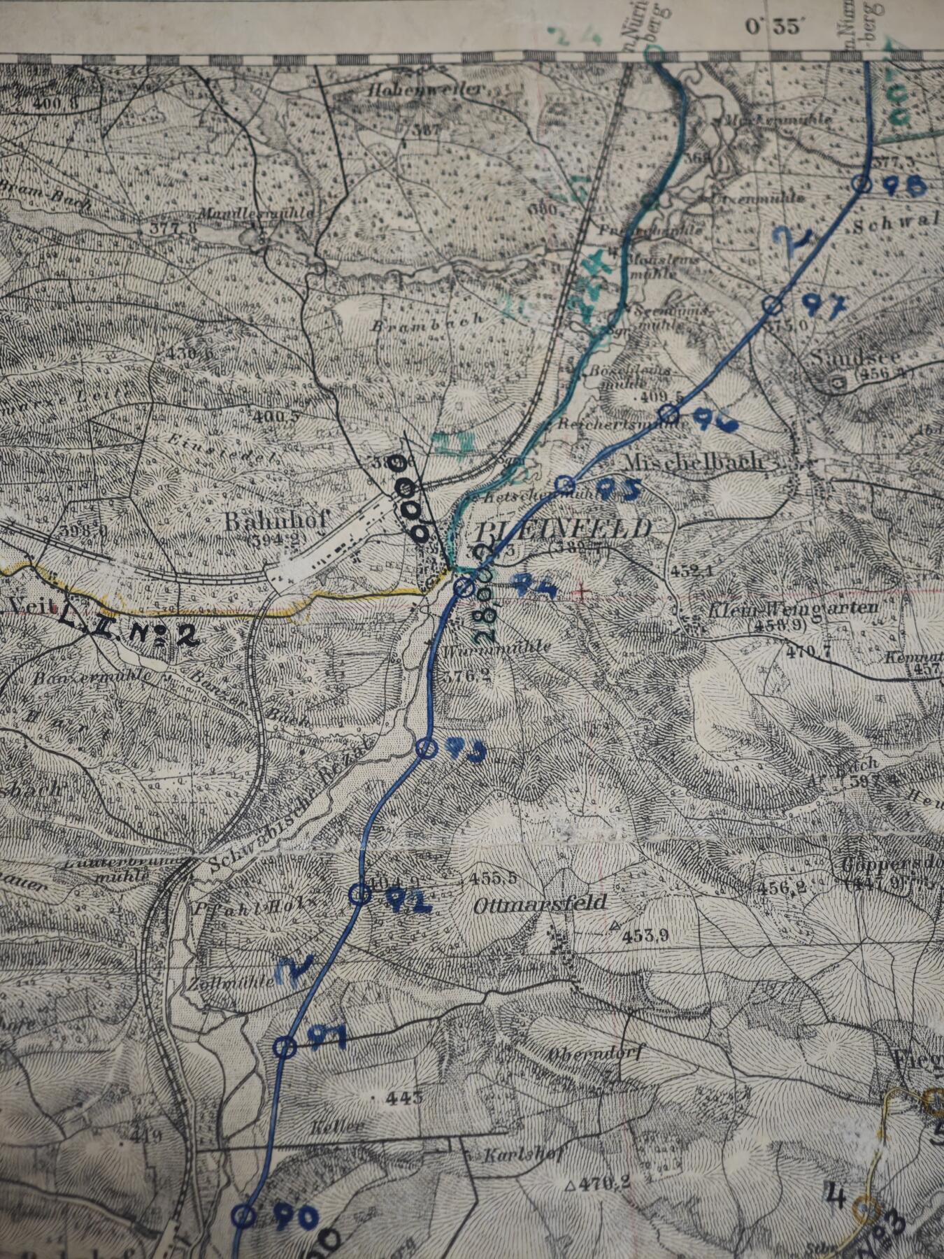 橙子收藏第六期 二战德军实战使用军用地形图｜魏森堡（西部）1884年初版 带原始军用作业痕迹 1:50000高精度/1934纳粹军事增补/南德战场直接实物见证 馆藏级二战史料