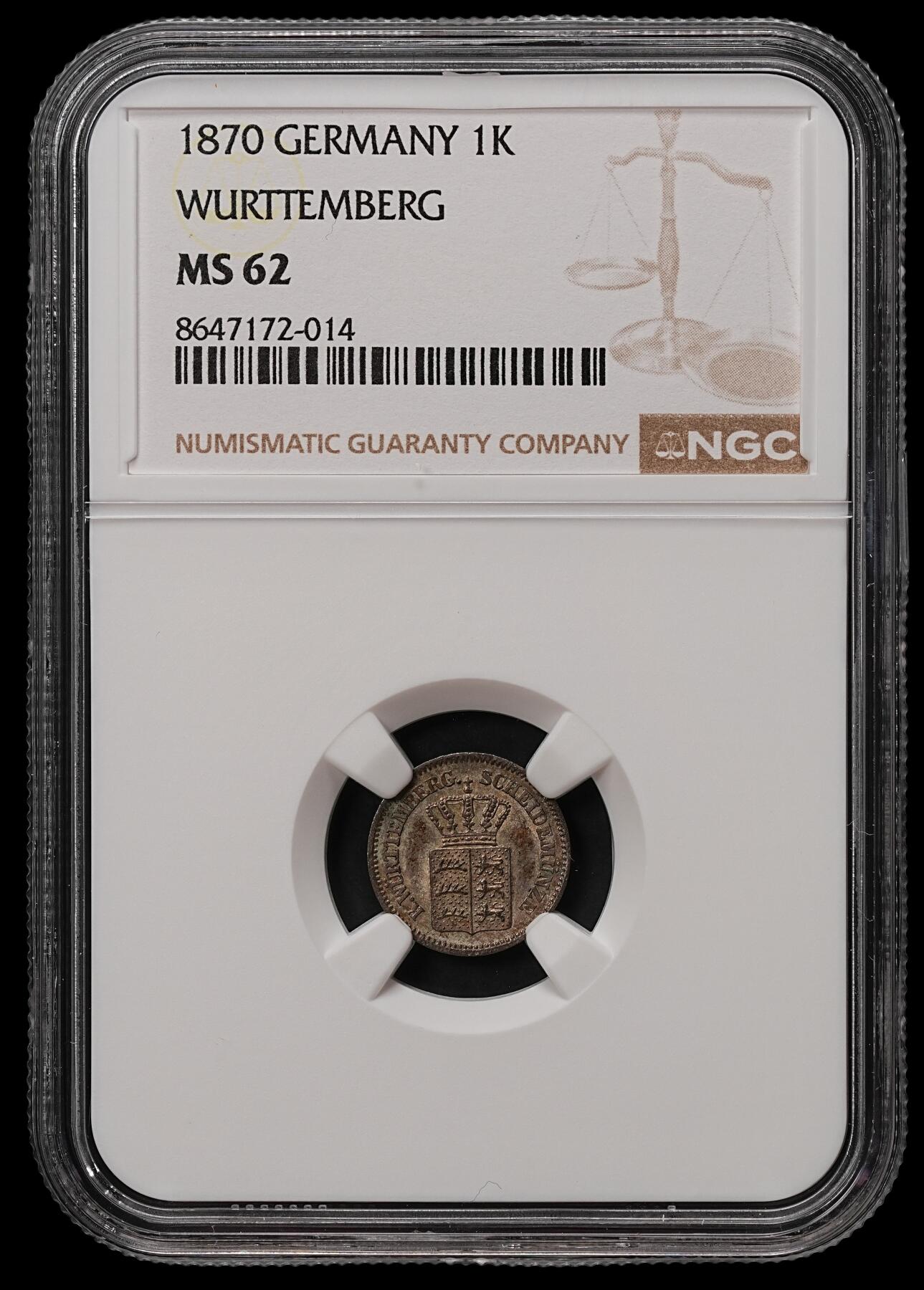 修遠堂世界钱币第108期 NGC MS62 1870年巴伐利亚1克鲁泽银币