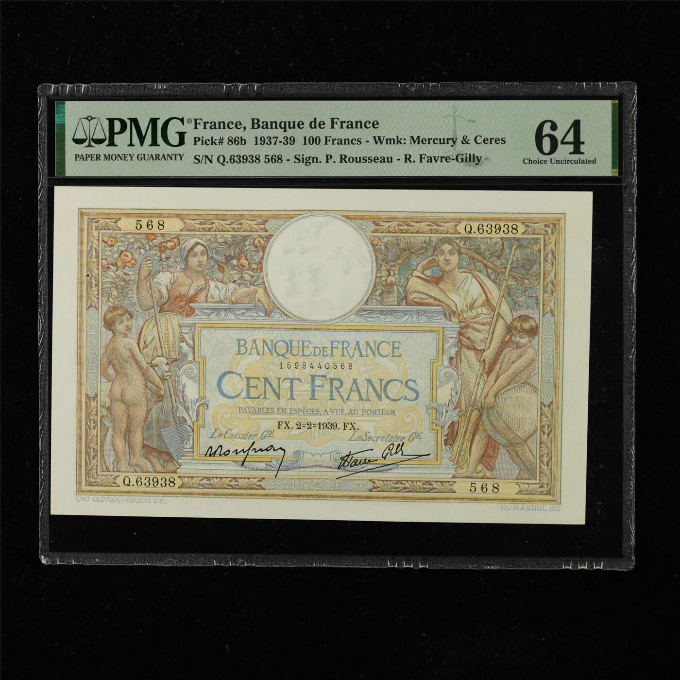 【亘邦集藏】第223期拍卖 1937-39年 法国100法郎 PMG 64 Q.63938 568
