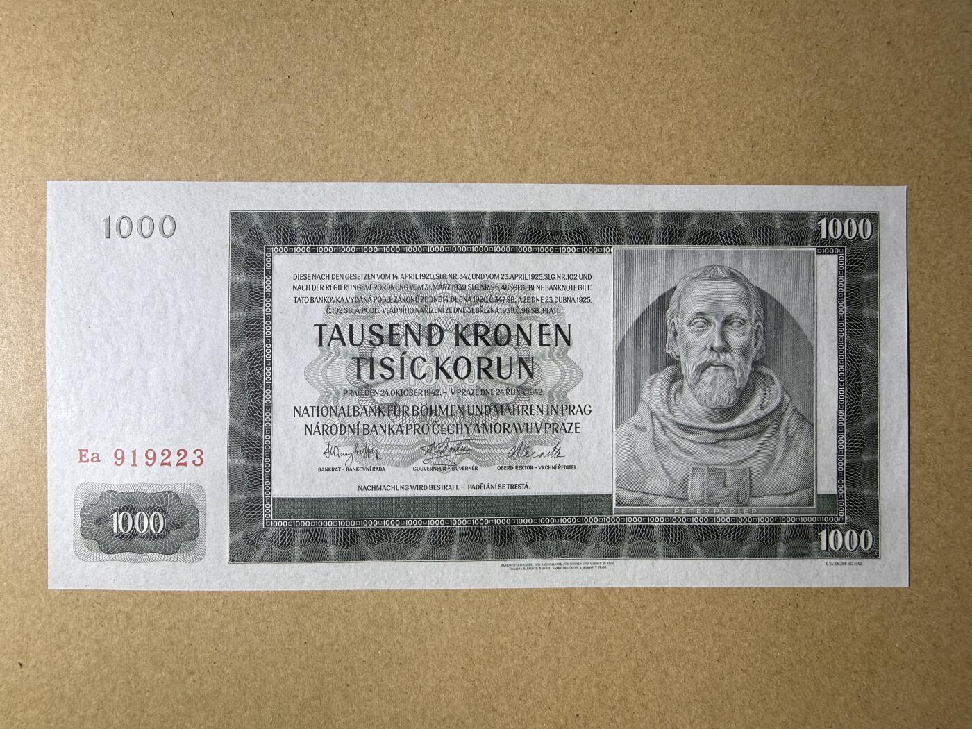 《艾美收藏》第237期-3.22周日外币强钞白金场 波西米亚与摩拉维亚1000克朗 UNC 1942年老版本 大票幅 无47
