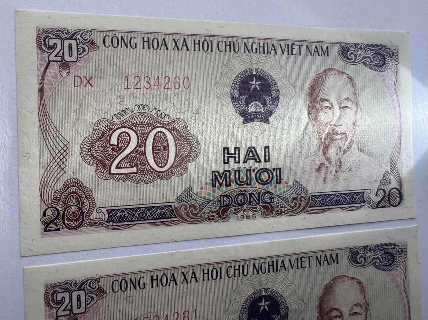 2026第5场（总第232期）：精品测试钞、外钞综合场 顺子头1234/越南1985年版20盾2枚连号UNC（有浅压痕）