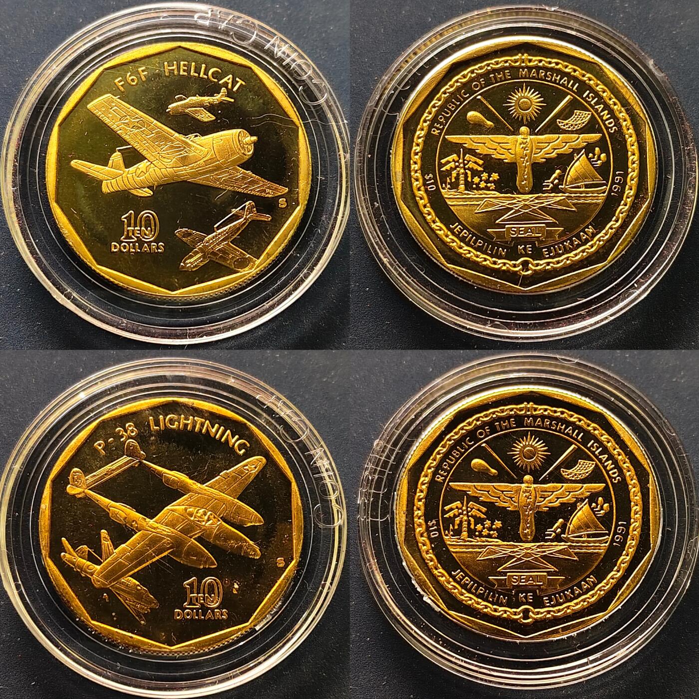 【全场包邮】纯粹捡漏拍515场 马绍尔群岛1991年10元二战传奇战机系列24枚官方盒装精制铜币-盒证全