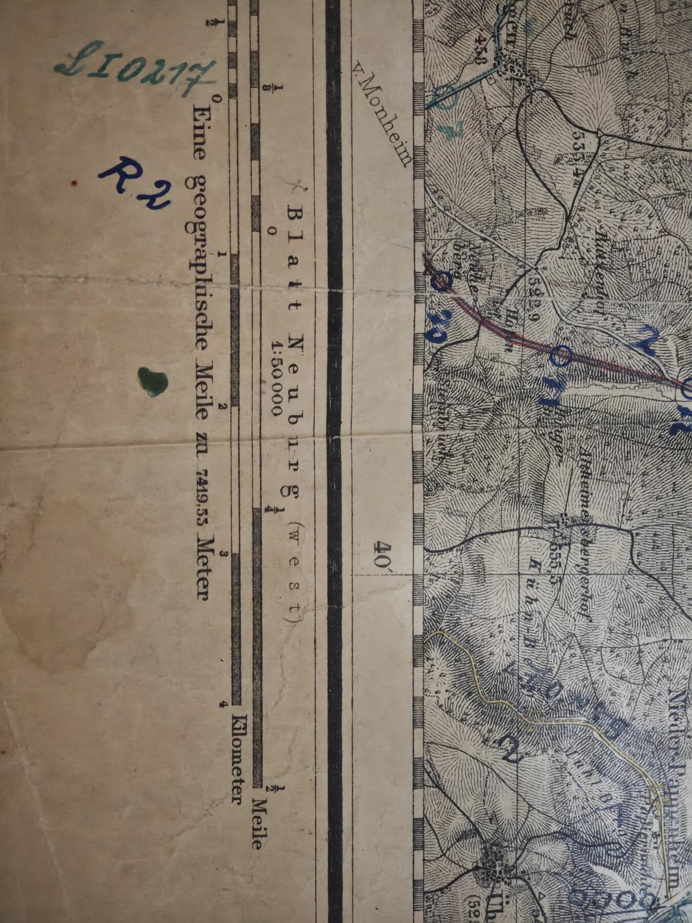 橙子收藏第六期 二战德军实战使用军用地形图｜魏森堡（西部）1884年初版 带原始军用作业痕迹 1:50000高精度/1934纳粹军事增补/南德战场直接实物见证 馆藏级二战史料