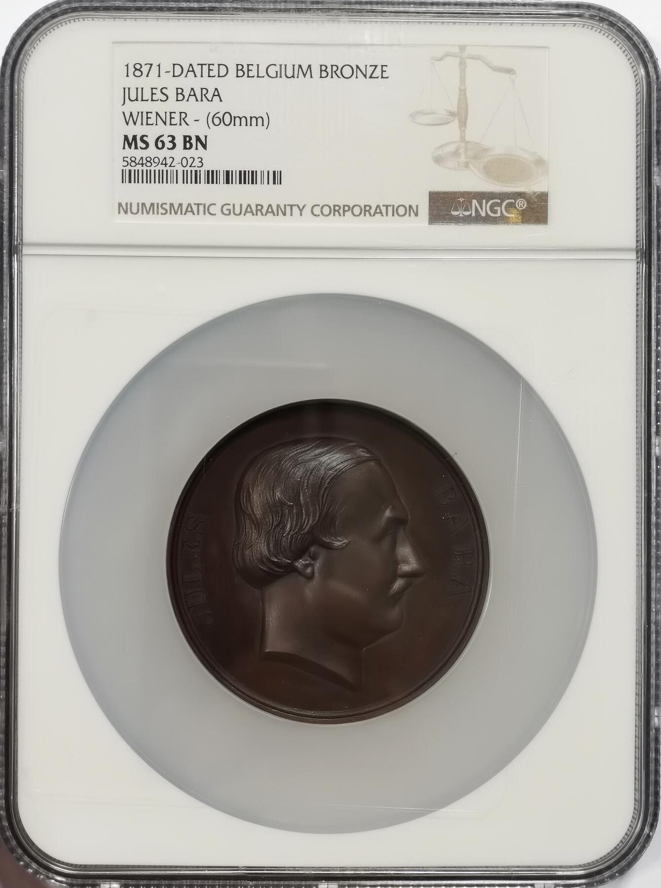 博洋堂世界钱币拍卖第165期（全场包邮） NGC MS63 唯一冠军！比利时1871年纪念司法部长，共济会大佬大铜章。60mm超大超厚尺寸！双面超高浮雕。背面高凸起雄狮威武霸气