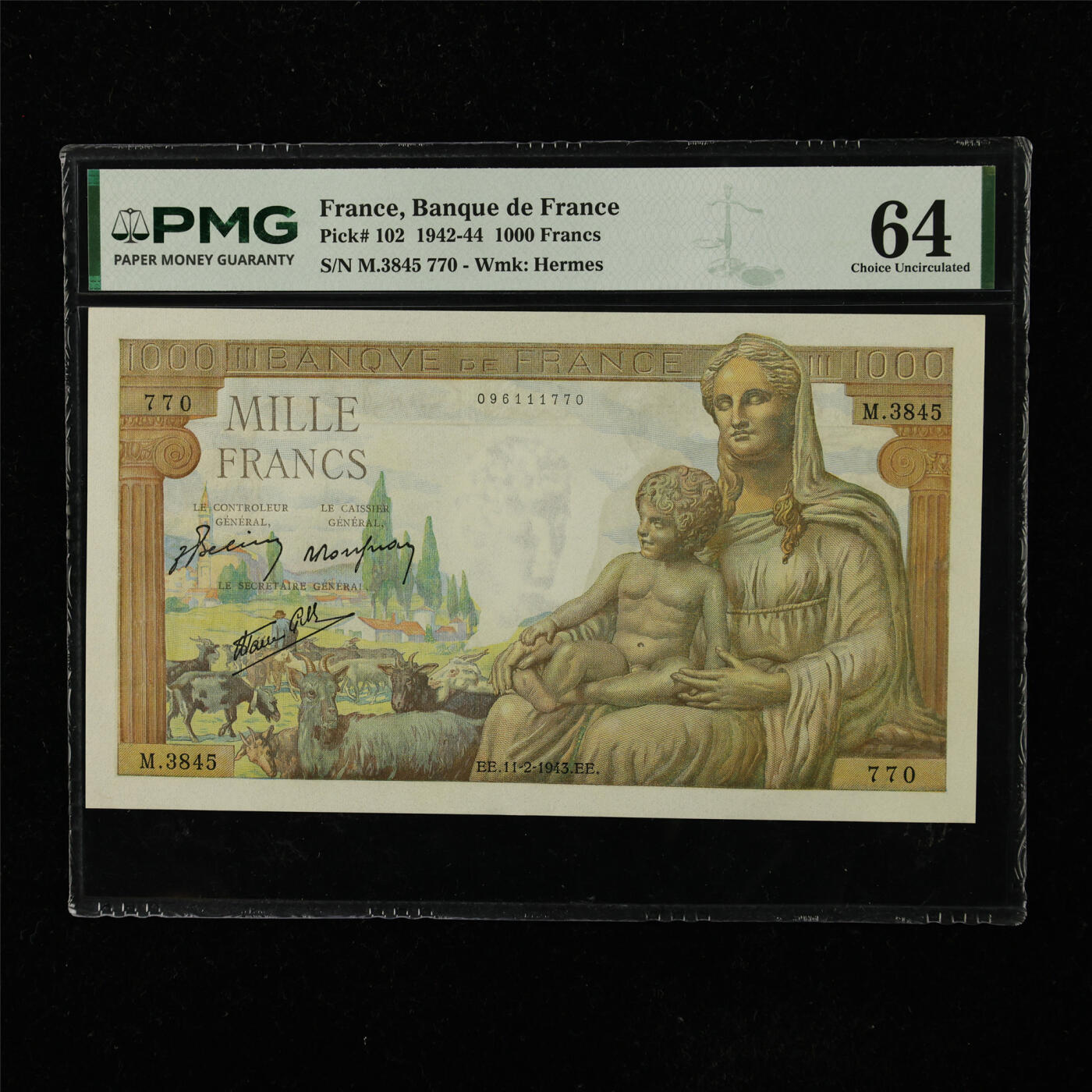 【亘邦集藏】第223期拍卖 1942-44年 法国1000法郎 PMG 64 M.3845 770