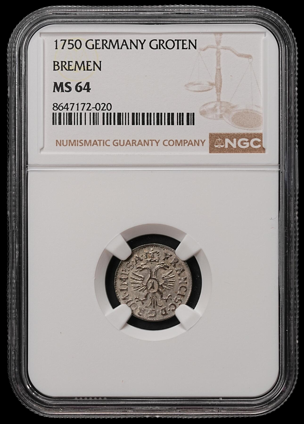 修遠堂世界钱币第108期 NGC MS64 1750年不来梅1格罗滕银币