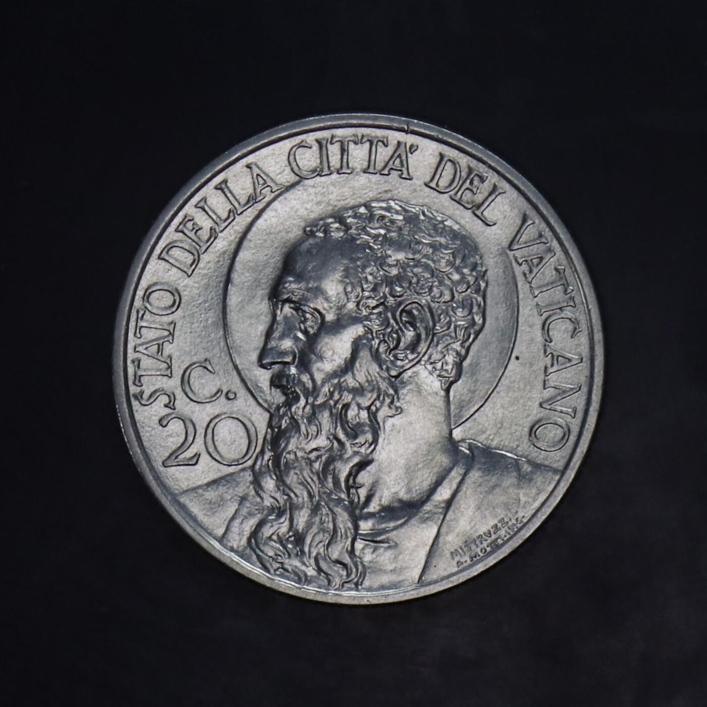 观钱 近现代机制币拍卖No.005（全场顺丰包邮，不区分偏远地区）  梵蒂冈 1936 年庇护十一世 圣徒主题20 分镍币  长髯圣徒（常被认为是圣保罗或圣伊格纳修斯）左侧面高浮雕肖像，发丝与胡须纹理细腻，身后带有光环，神态庄严。