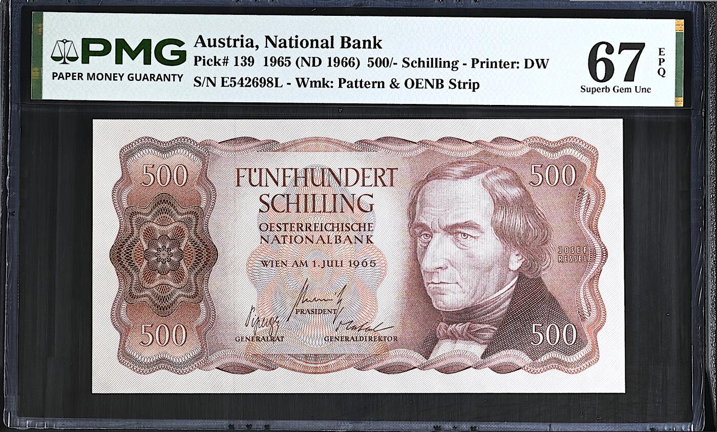 《艾美收藏》第237期-3.22周日外币强钞白金场 奥地利500先令 PMG67E 1965年 奥地利发明家雷色尔
