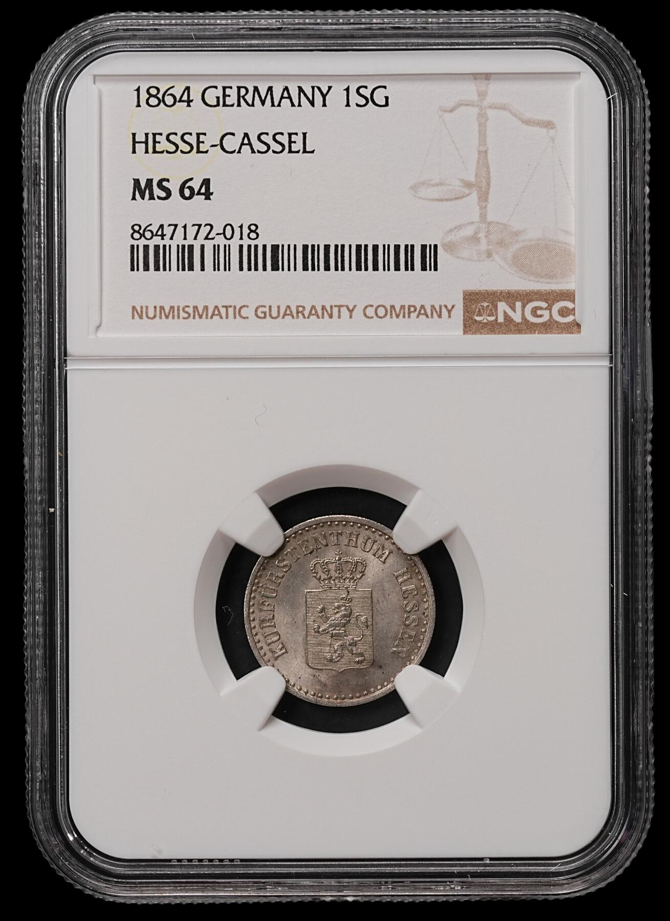 修遠堂世界钱币第108期 NGC MS64 1864年黑森 - 卡塞尔1银格罗申银币