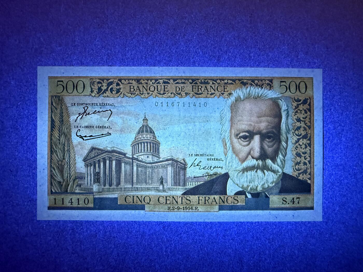 《艾美收藏》第237期-3.22周日外币强钞白金场 法国500法郎 UNC 1954年首发年a版  法国作家雨果 早期未改值版本 局部荧光