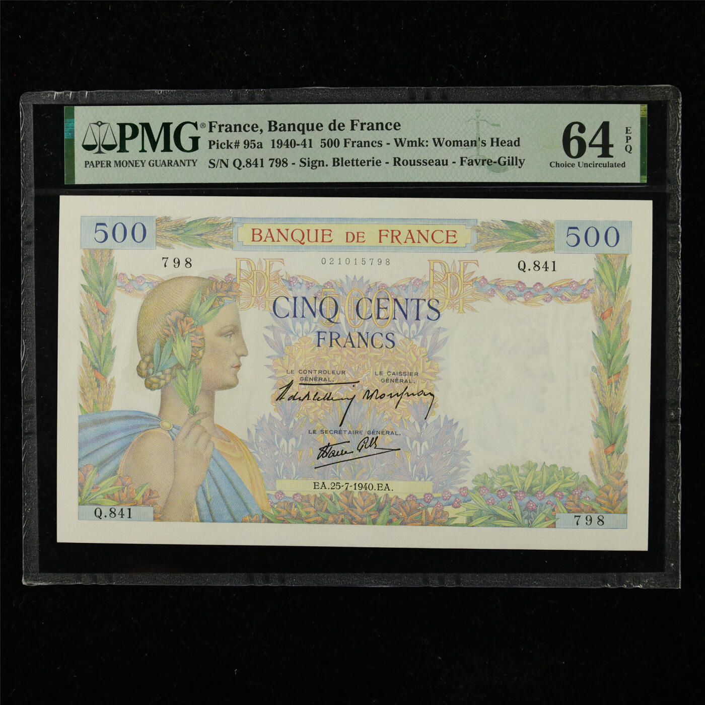 【亘邦集藏】第223期拍卖 1940-41年 法国500法郎 PMG 64EPQ Q.841 798