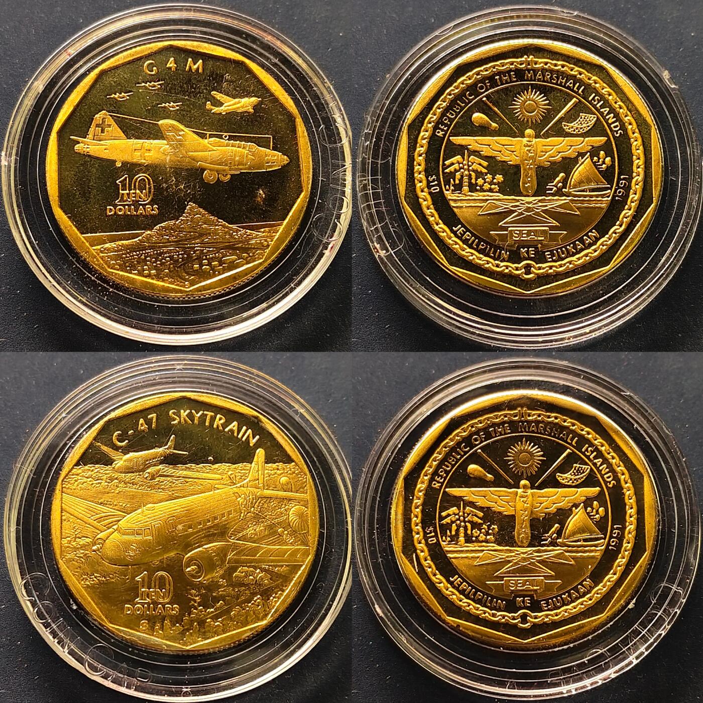 【全场包邮】纯粹捡漏拍515场 马绍尔群岛1991年10元二战传奇战机系列24枚官方盒装精制铜币-盒证全