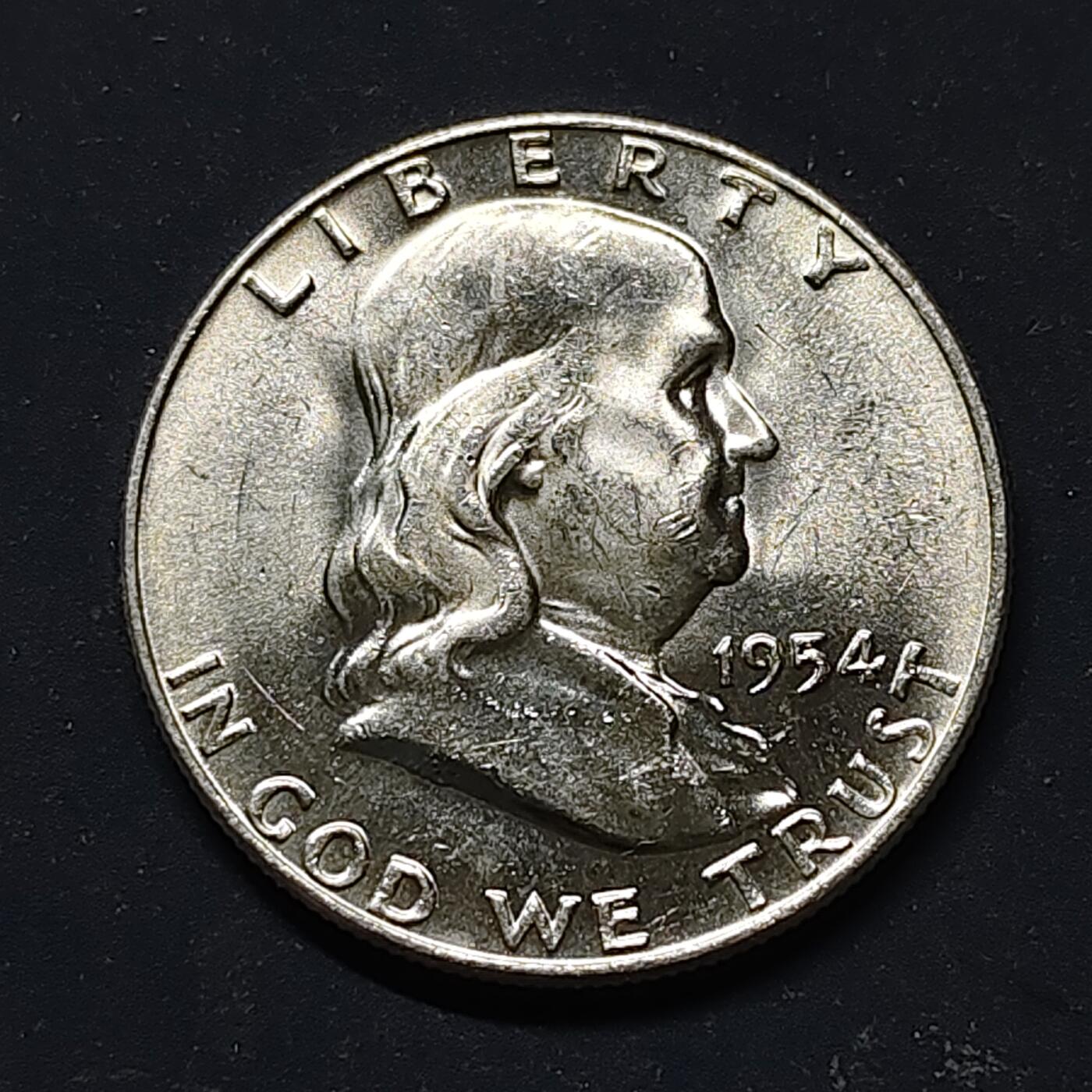 【全场包邮】纯粹捡漏拍515场 美国1954年富兰克林半元银币【31毫米12.5克90%】