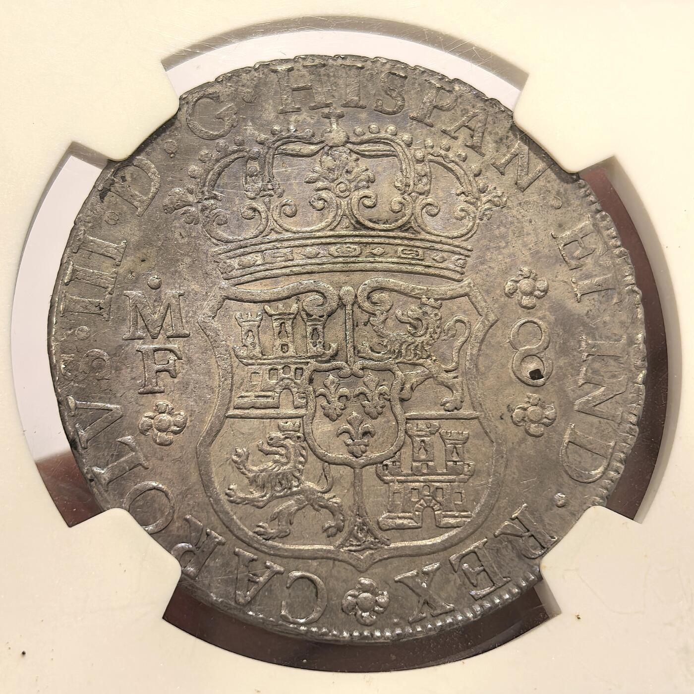博洋堂世界钱币拍卖第165期（全场包邮） NGC UNC 西属墨西哥1766年MO MF卡洛斯三世地球双柱8R银币，双面打制佳，仅有一个很小的验银戳