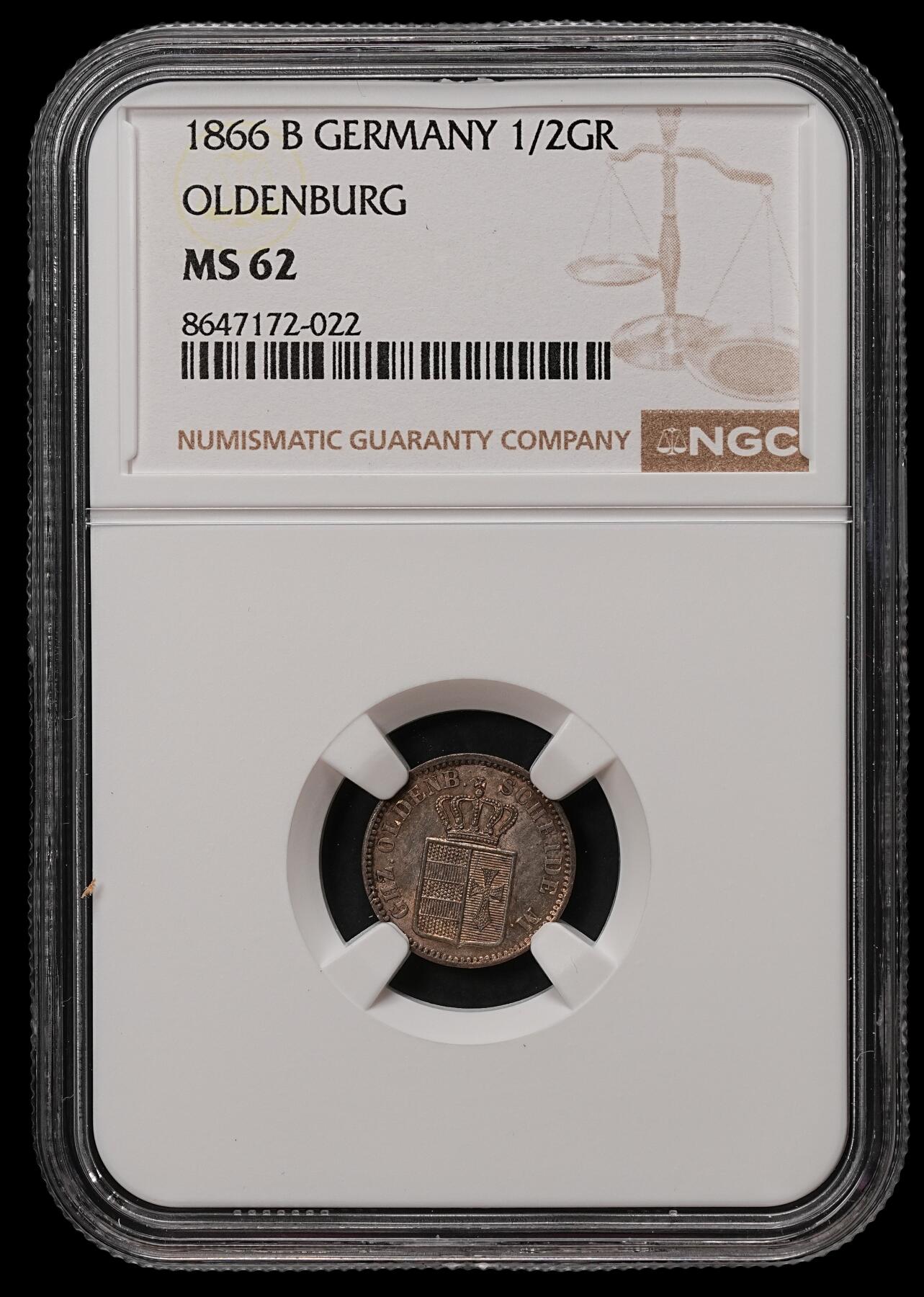 修遠堂世界钱币第108期 NGC MS62 1866年奥尔登堡1/2 格罗申银币