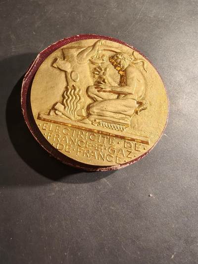 老王徽章第188期 - 法国电力公司镀金大铜章     原盒     46年服务     直径68mm     少见大尺寸     重量134.6g