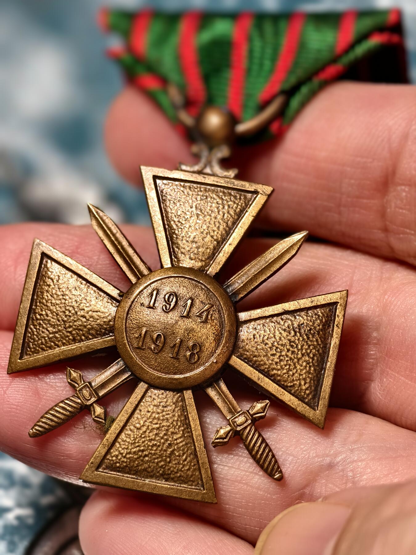 抚柳草堂-第十八期章牌钱币  奖章勋章限时免佣 满百包邮 放漏专场 法国一战战争十字勋章（Croix de Guerre 1914–1918）带一枚铜星（团级嘉奖）历史原品