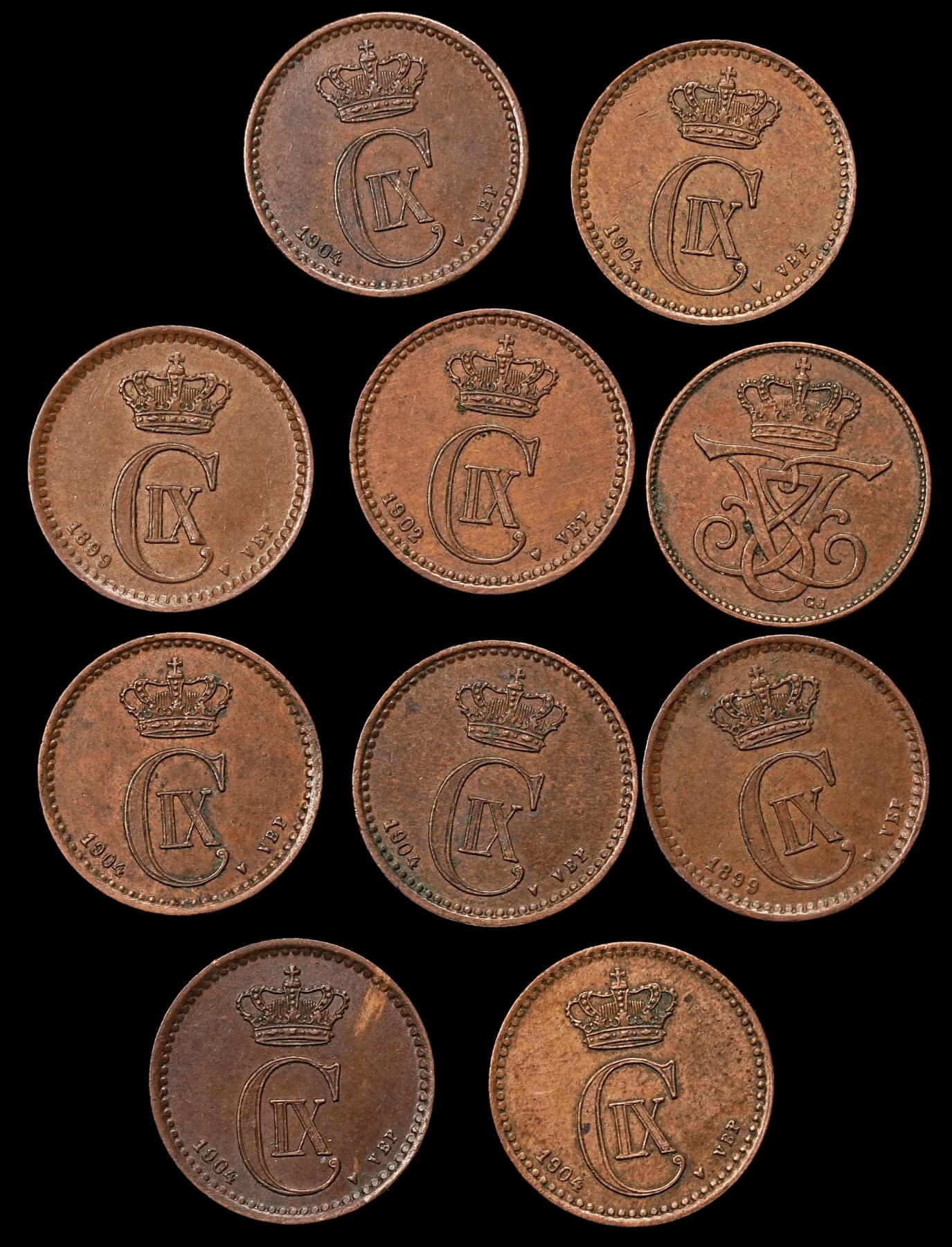 修遠堂世界钱币第108期 丹麦1欧尔铜币一组，巧克力色美品