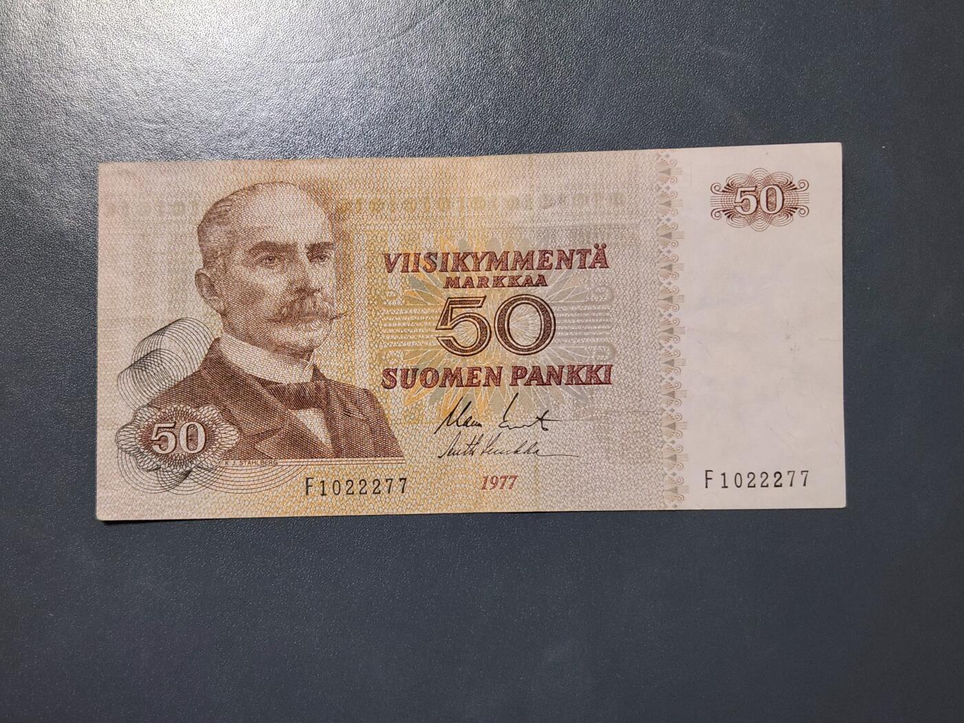3月22号晚上8点 外国纸币自动截拍第43场 芬兰 1977年版 50马克 原票美品