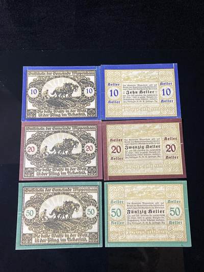 2026年第三十七场(总第二百零六场）德紧纸币特拍场(佣金3%，最低1元) - 奥紧纸币–奥地利上奥地利州维彭哈姆乡（Gemeinde Wippenham）10、20、50赫勒三枚套票2套