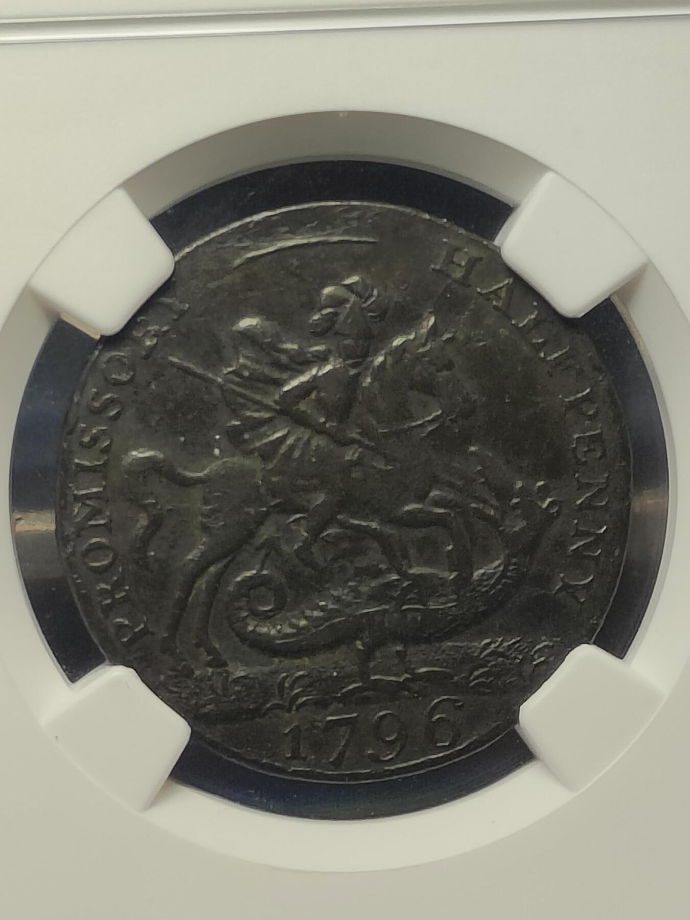 2026年第三十七场(总第二百零六场）德紧纸币特拍场(佣金3%，最低1元)  NGC–VF DETAILS 1796年英国汉普郡朴茨茅斯地区发行半便士代币（圣乔治屠龙，三桅帆船图案-，发行方：由朴茨茅斯港的酒馆老板Samuel Salmon（S.Salmons）联合其他商户发行，币边铭文标注兑付地点，承诺可兑换等值官方货币。）