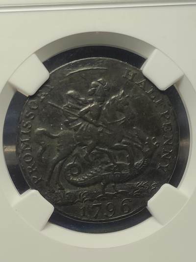 2026年第三十七场(总第二百零六场）德紧纸币特拍场(佣金3%，最低1元) -  NGC–VF DETAILS 1796年英国汉普郡朴茨茅斯地区发行半便士代币（圣乔治屠龙，三桅帆船图案-，发行方：由朴茨茅斯港的酒馆老板Samuel Salmon（S.Salmons）联合其他商户发行，币边铭文标注兑付地点，承诺可兑换等值官方货币。）