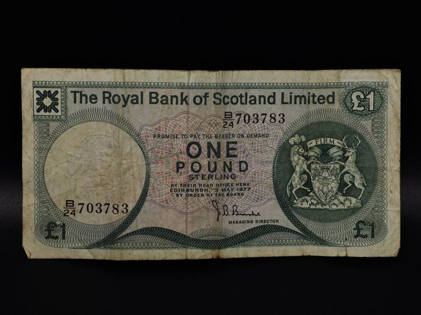  【淘币小摊】限时拍第八百八十二拍   纸币场    每周一统一发货 苏格兰皇家银行1977年1镑纸币【有折】