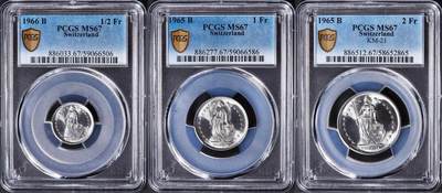 【俄甄集藏】2026年(050)04-01星期三 晚 19:30 全场包邮 - 瑞士1965-1966年1/2、1、2法郎银币高分3枚一组，PCGS MS67，顶级转光品相