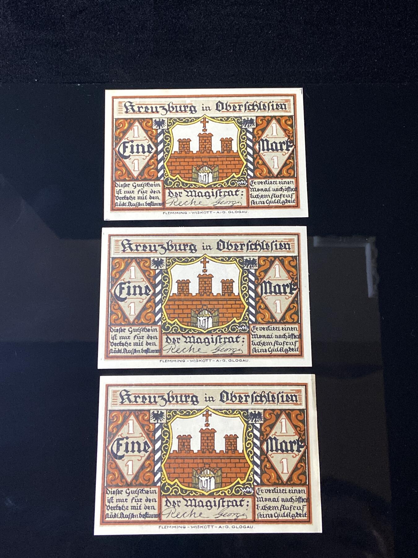 2026年第三十七场(总第二百零六场）德紧纸币特拍场(佣金3%，最低1元) 德紧纸币–德国上西里西亚地区克伦堡市（Kreuzburg in Oberschlesien，今波兰奥波莱省克鲁奇堡Krzyżowa）1马克三枚套票