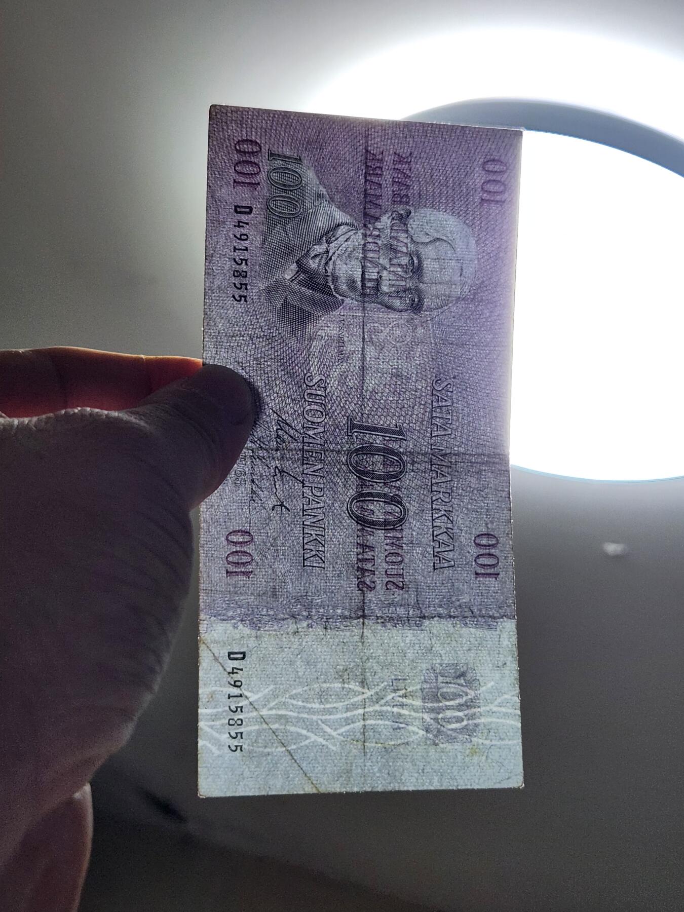 3月22号晚上8点 外国纸币自动截拍第43场 芬兰1963年100马克纸币 LITT A 原票美品