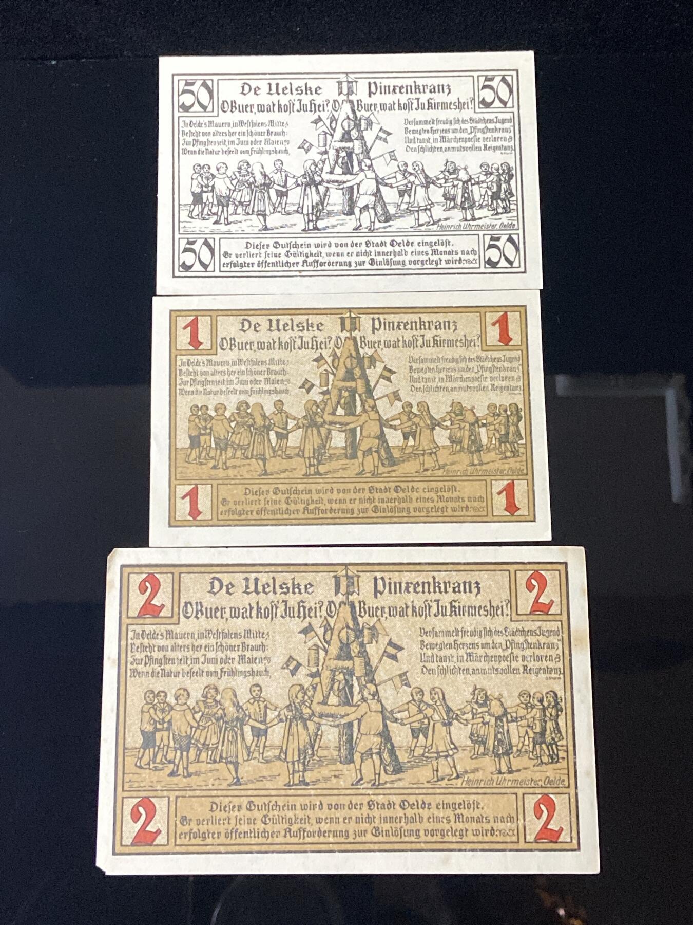 2026年第三十七场(总第二百零六场）德紧纸币特拍场(佣金3%，最低1元) 德紧纸币–德国威斯特伐利亚省厄尔德市（Stadt Oelde, Provinz Westfalen）50芬妮、1、2马克三枚套票